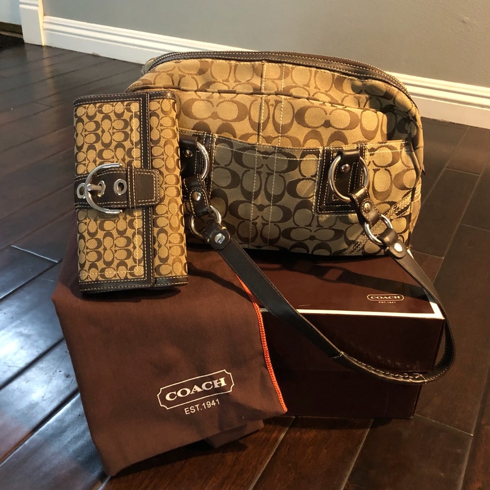 Coach Signature Jacquard Shoulder Bag in Tan/Brown